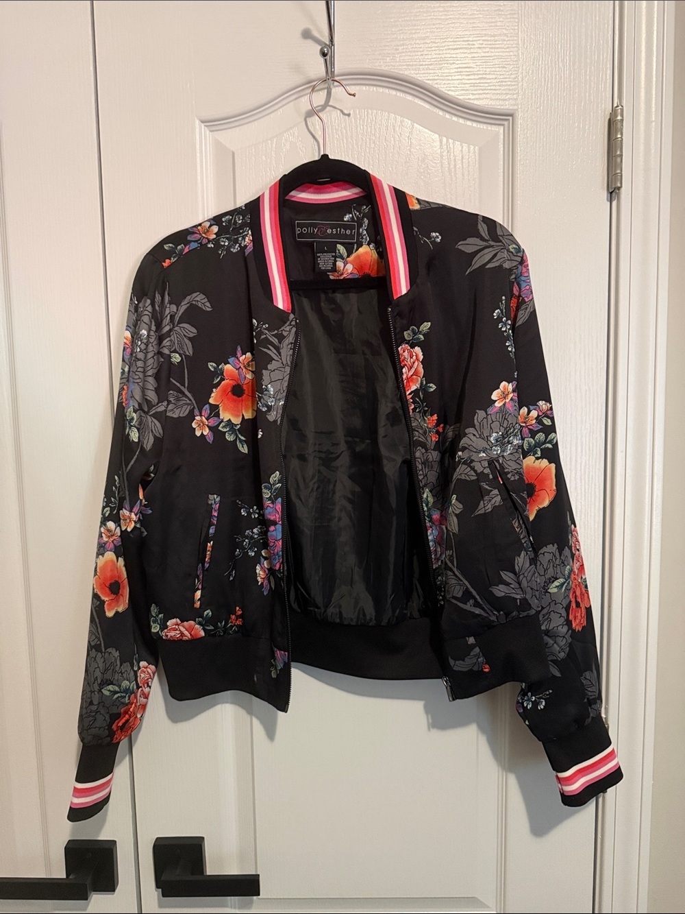 Polly & Esther Black Floral Lightweight Bomber Jacket